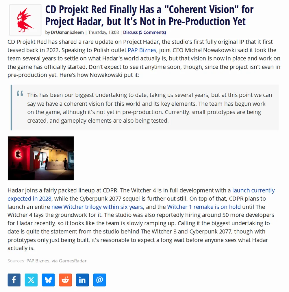 Screenshot of techpowerup.com: CDPR CEO confirmed Hadar work has begun