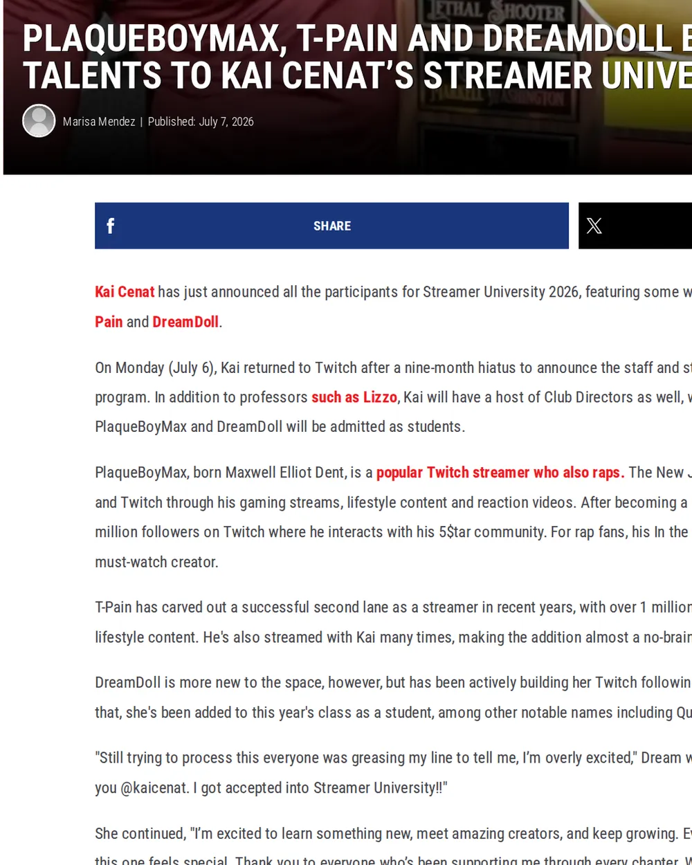 Screenshot of xxlmag.com: Kai Cenat Announces Streamer University 2026 Lineup