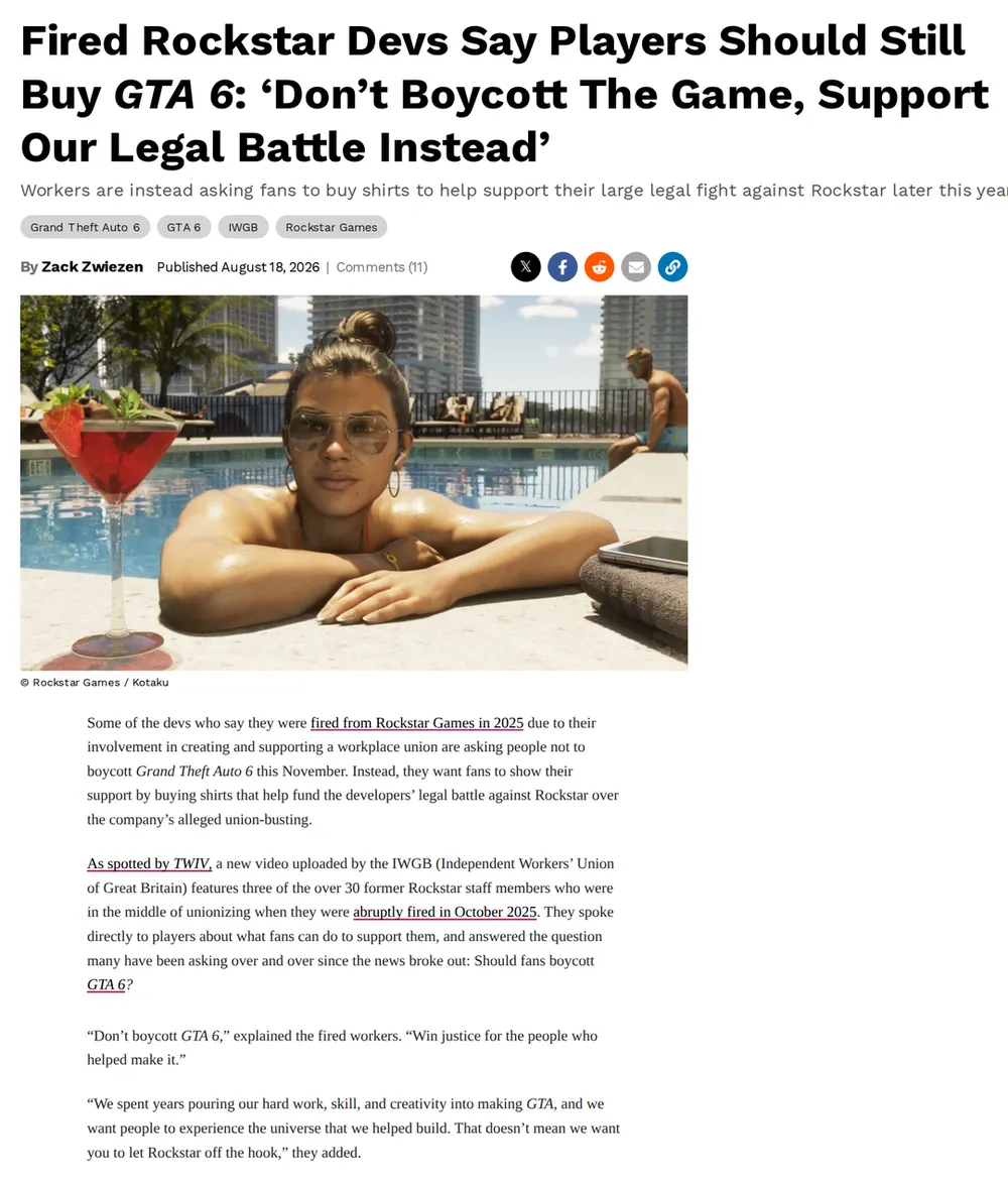 Screenshot of kotaku.com: Fired Developers Issue Anti-Boycott Statement for GTA 6