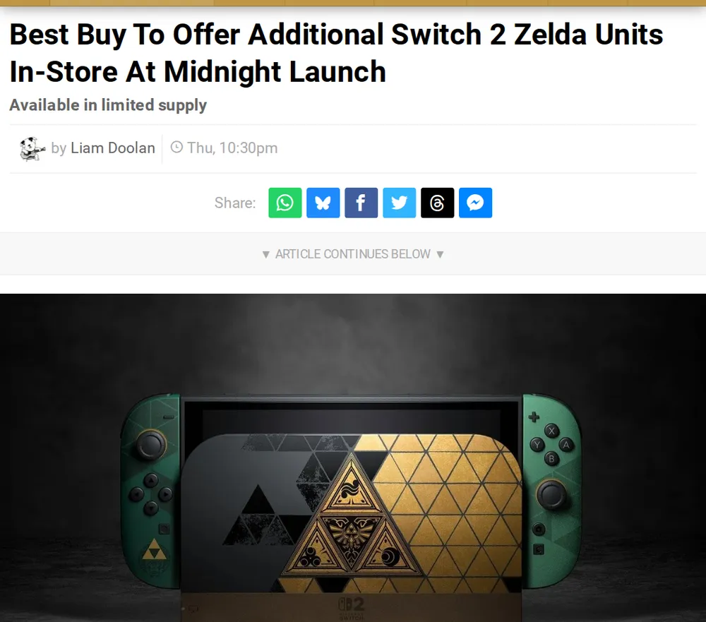 Screenshot of nintendolife.com: Nintendo Australia announces limited Zelda Pro Controller shipment