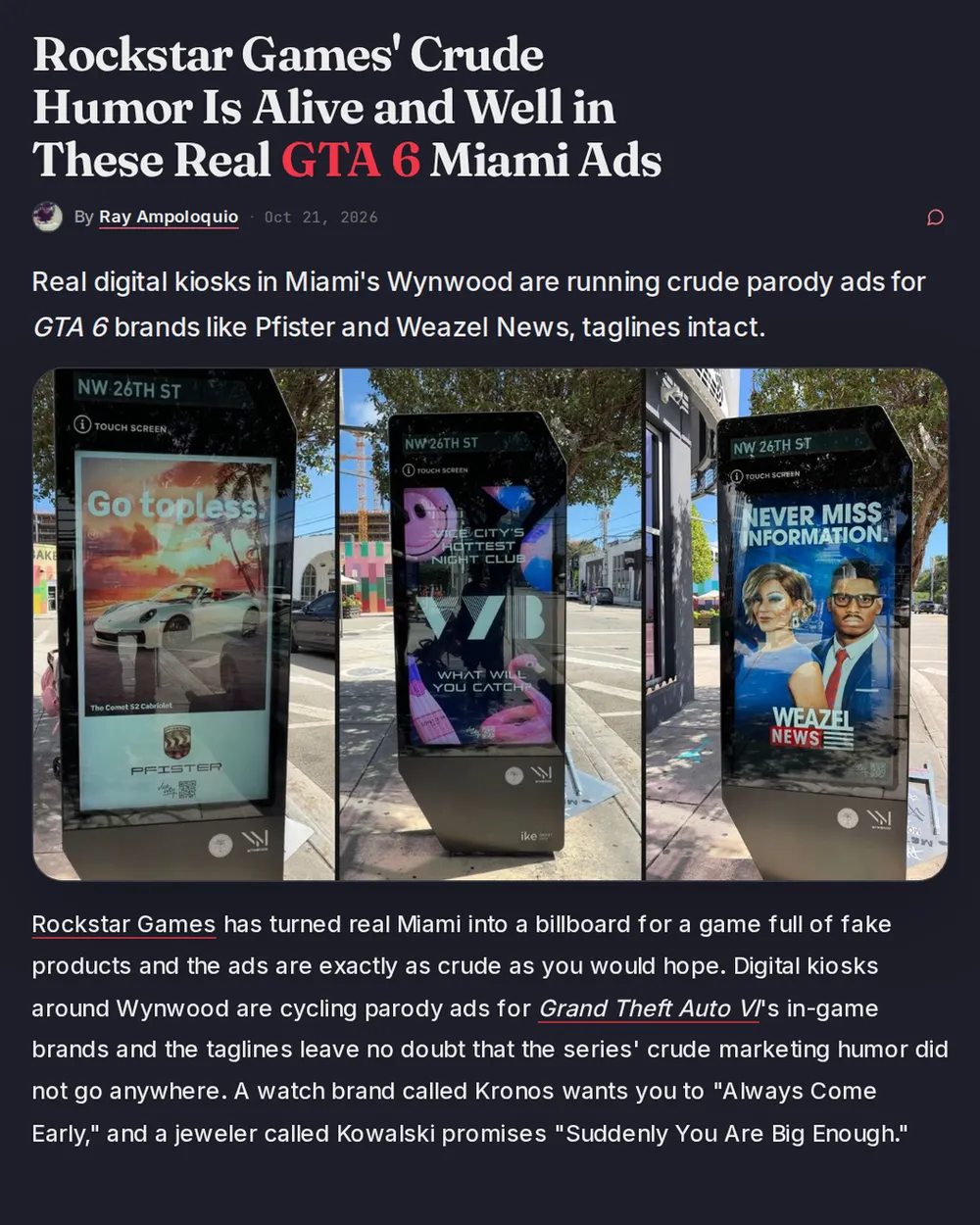 Screenshot of gtaboom.com: Miami kiosks cycle GTA 6 parody ads