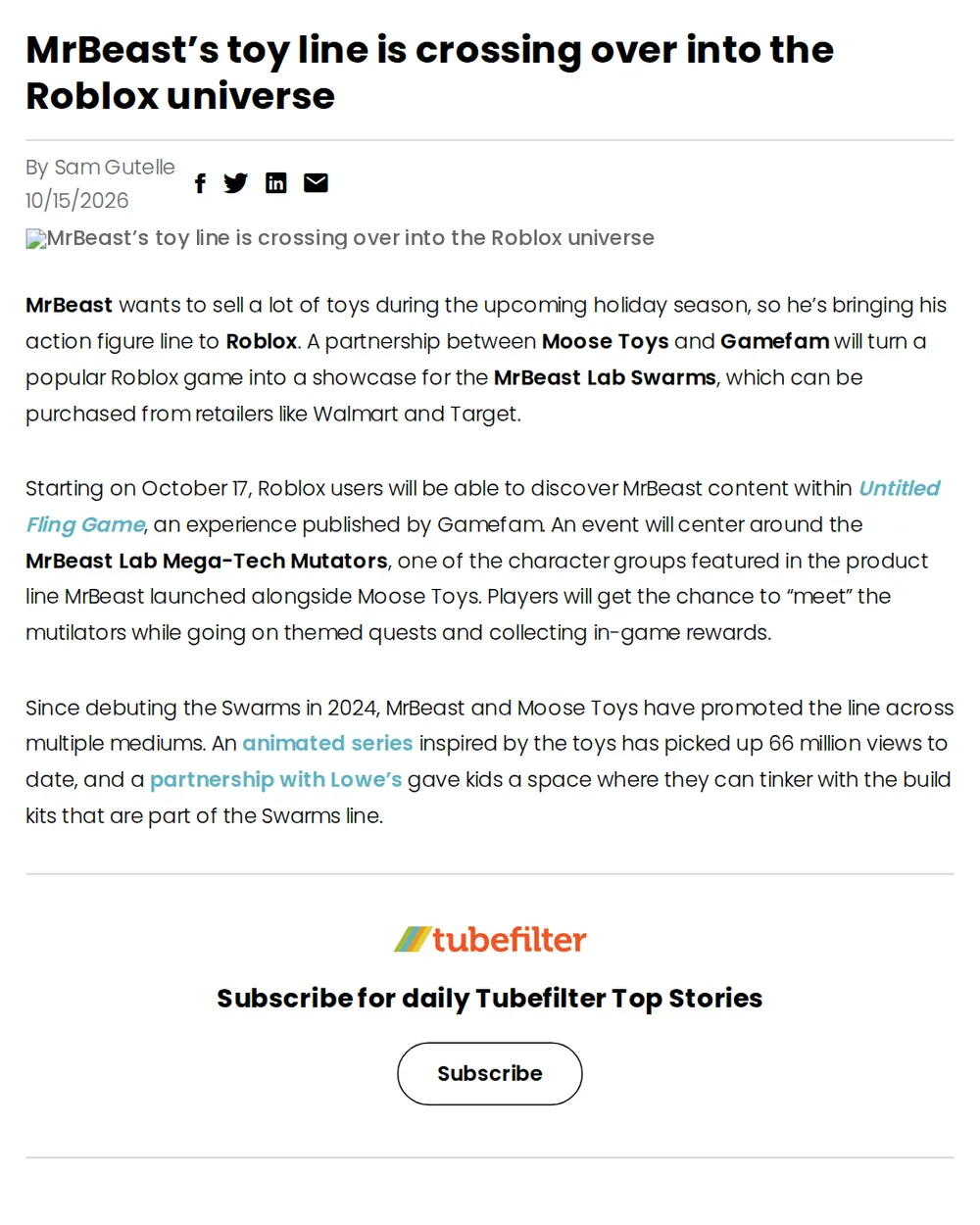 Screenshot of tubefilter.com: MrBeast Lab Swarms Activation in Untitled Fling Game
