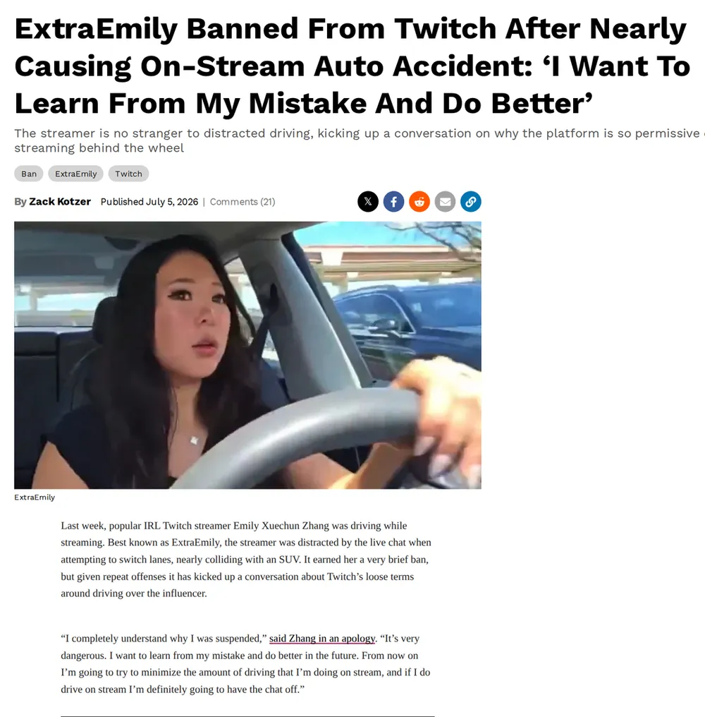 Screenshot of kotaku.com: ExtraEmily Apologizes for Driving Suspension