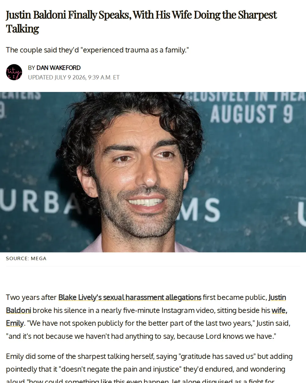Screenshot of distractify.com: Justin Baldoni Breaks Silence