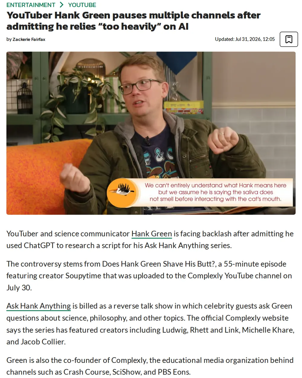 Screenshot of dexerto.com: Ask Hank Anything Episode Uploaded