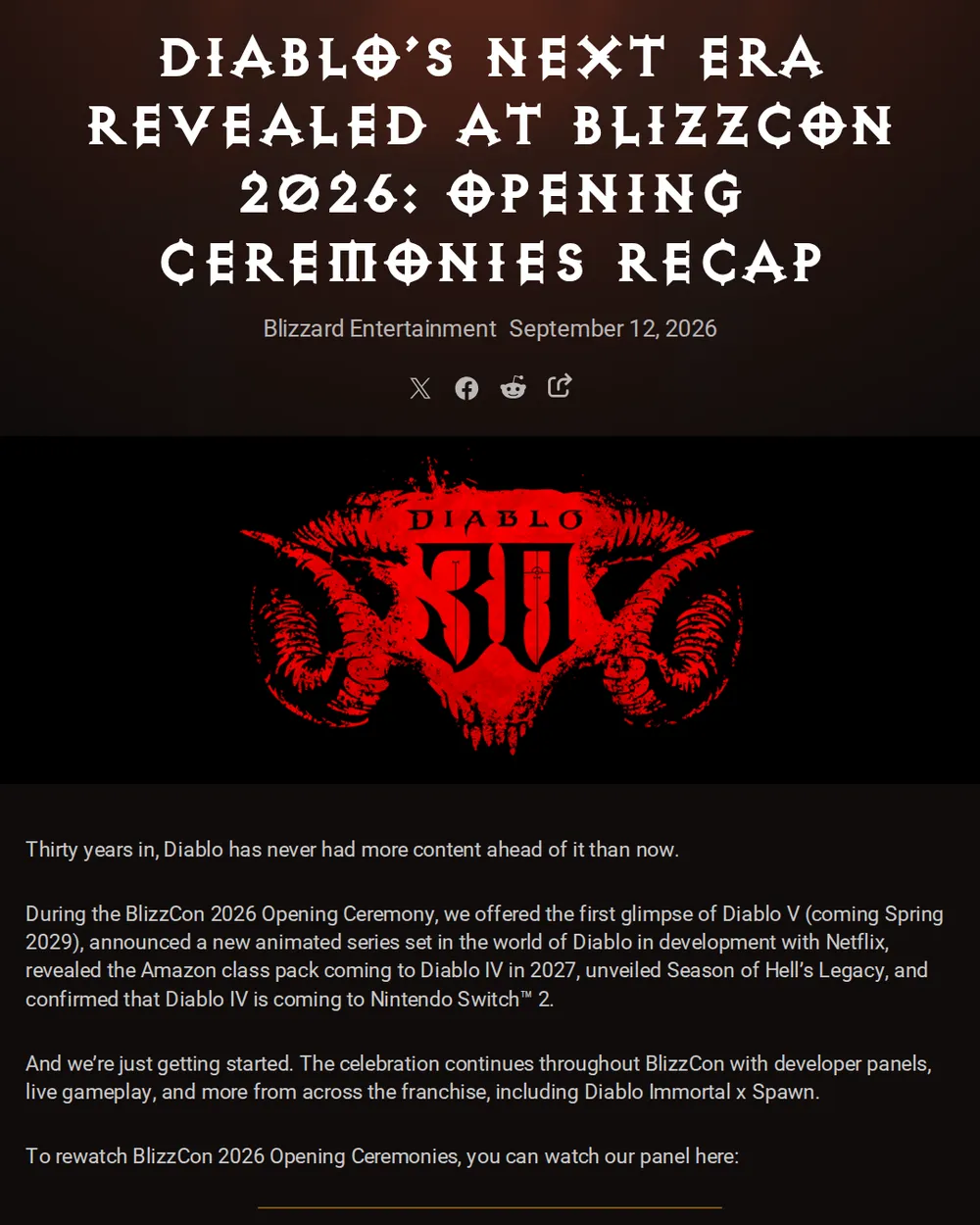Screenshot of news.blizzard.com: Diablo 5 Announced for Spring 2029