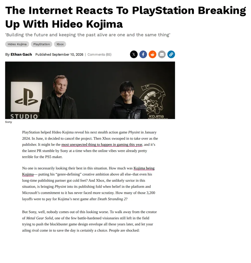 Screenshot of kotaku.com: Xbox Reportedly Takes Over 'Physint' Publishing