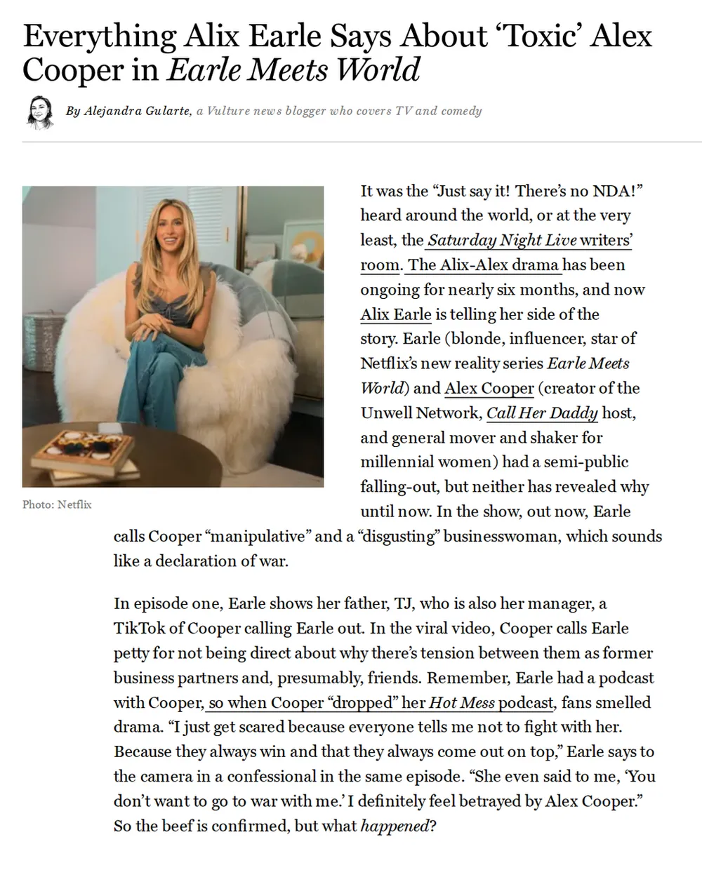 Screenshot of vulture.com: Alix Earle calls Alex Cooper manipulative in new show