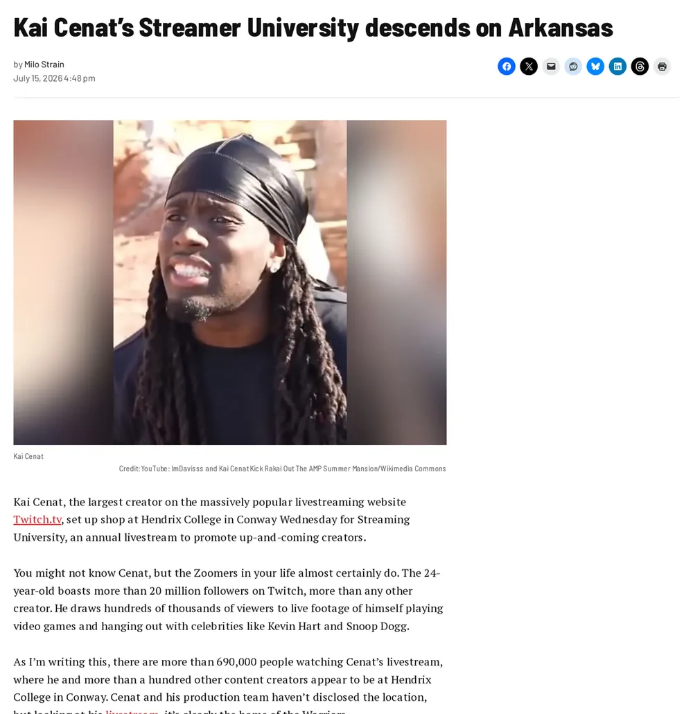 Screenshot of arktimes.com: Streamer University 2026 Begins