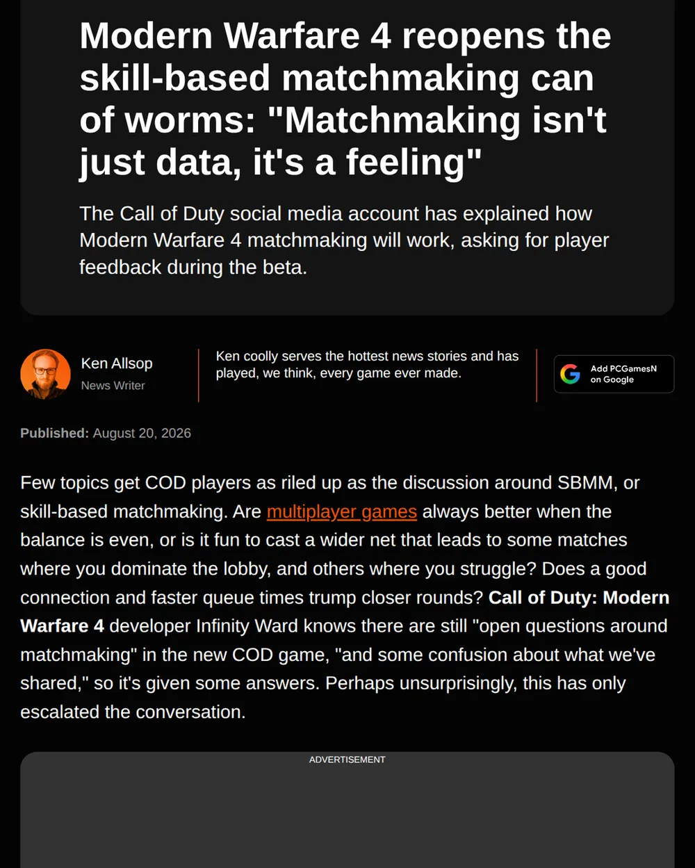 Screenshot of pcgamesn.com: Modern Warfare 4 Early Access Beta Launches With Matchmaking Experiment
