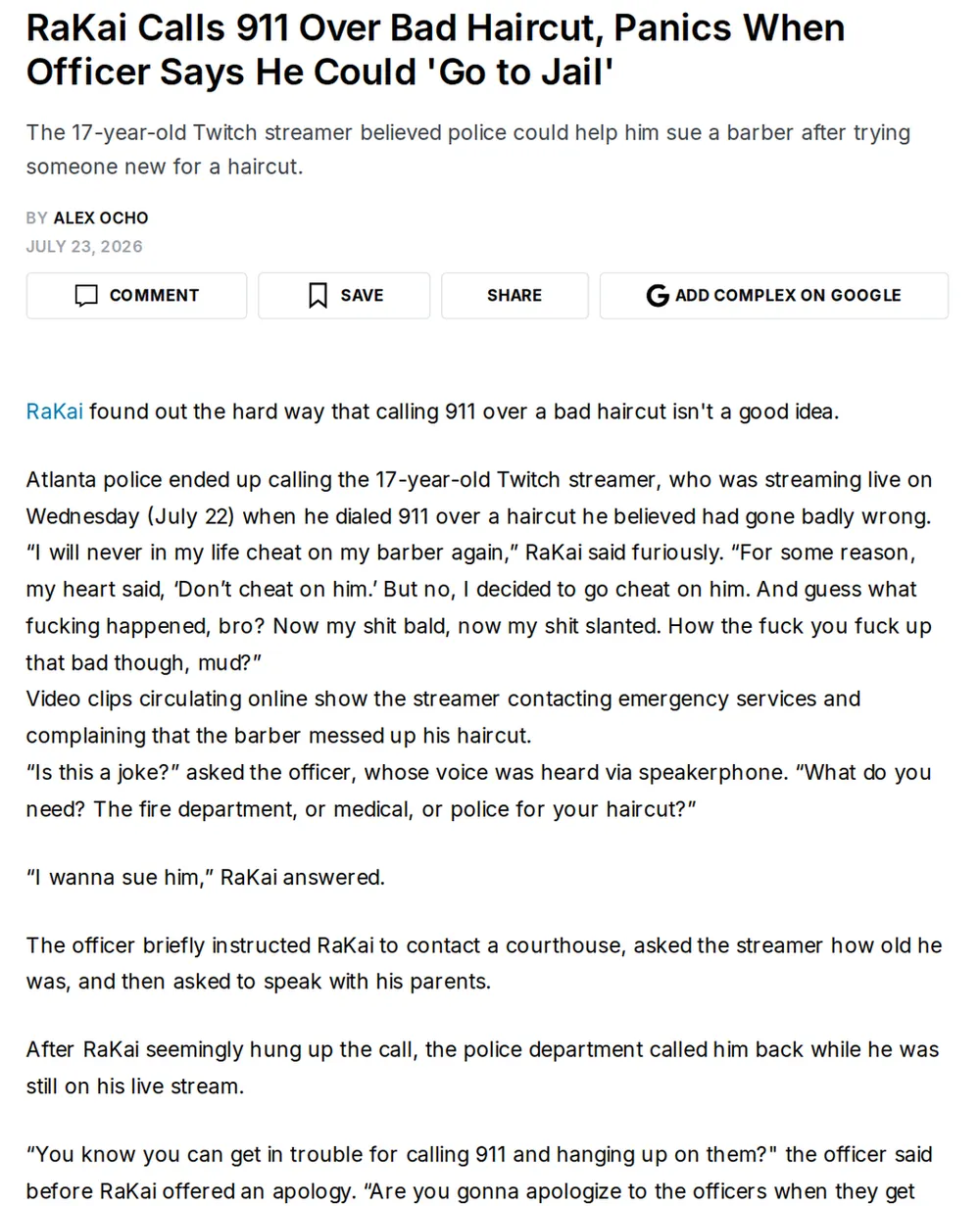 Screenshot of complex.com: Police Call Rakai Back During Live Stream