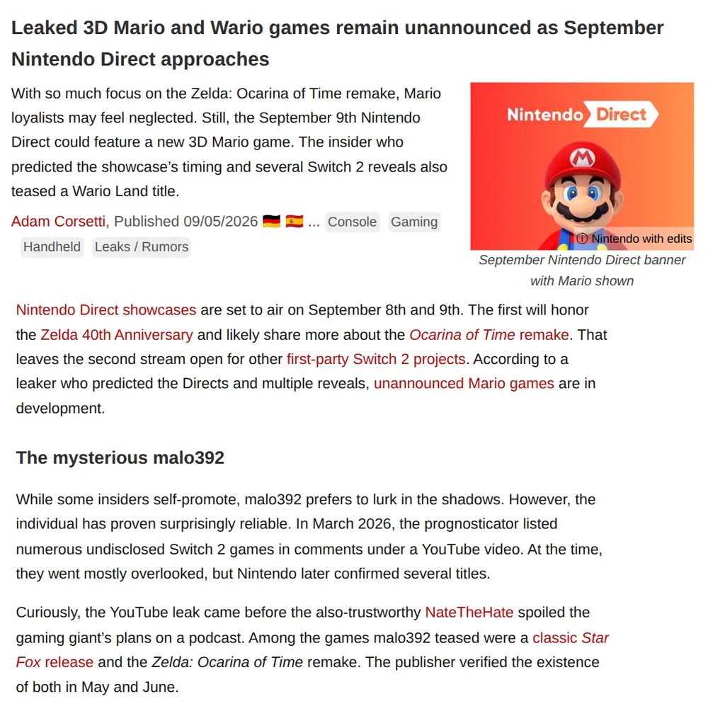 Screenshot of notebookcheck.net: Leaked 3D Mario Game Due in 2027