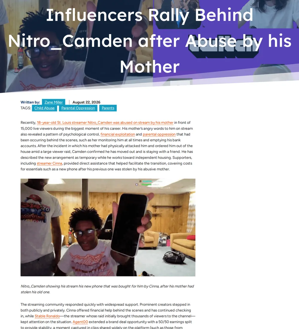 Screenshot of youthrights.org: Nitro Camden Moves Out of Family Home