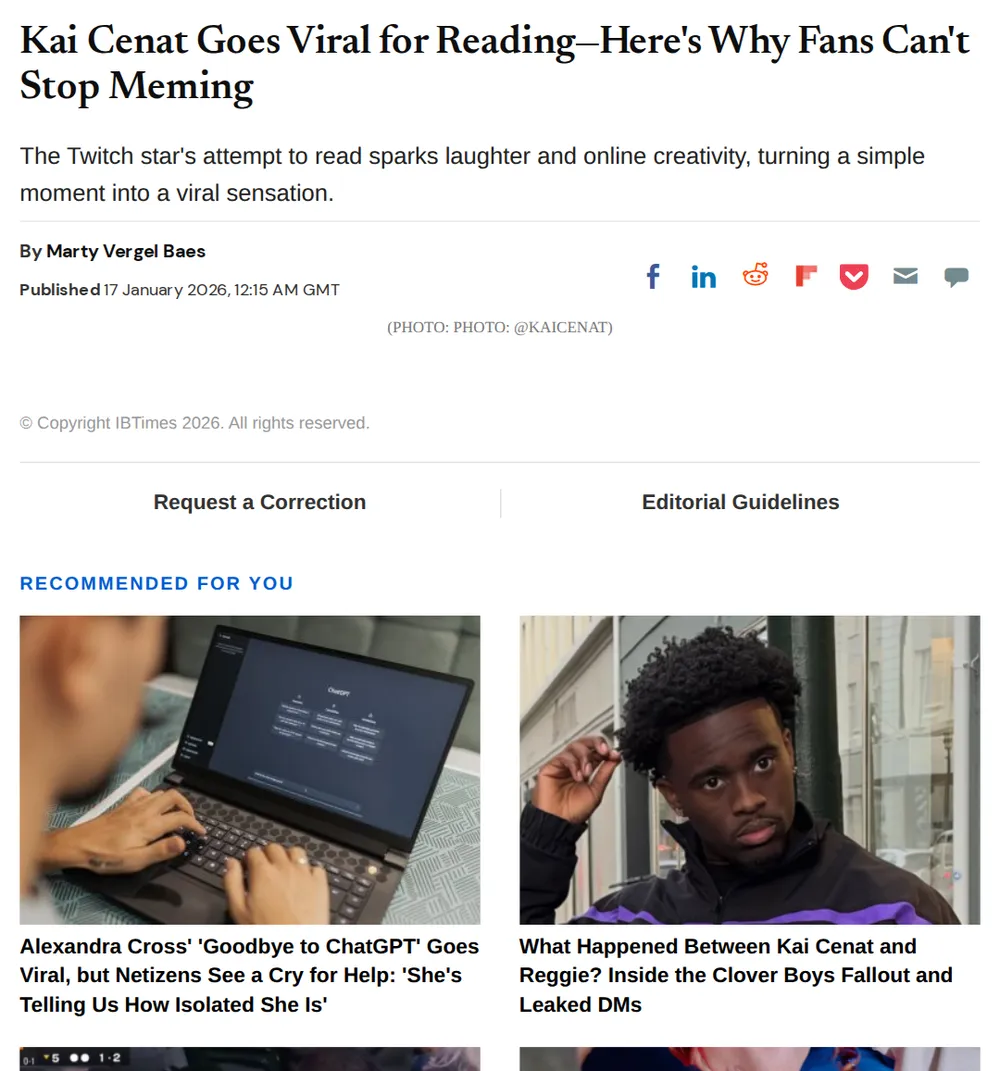 Screenshot of ibtimes.co.uk: Kai Cenat's 'Reading' Clip Goes Viral