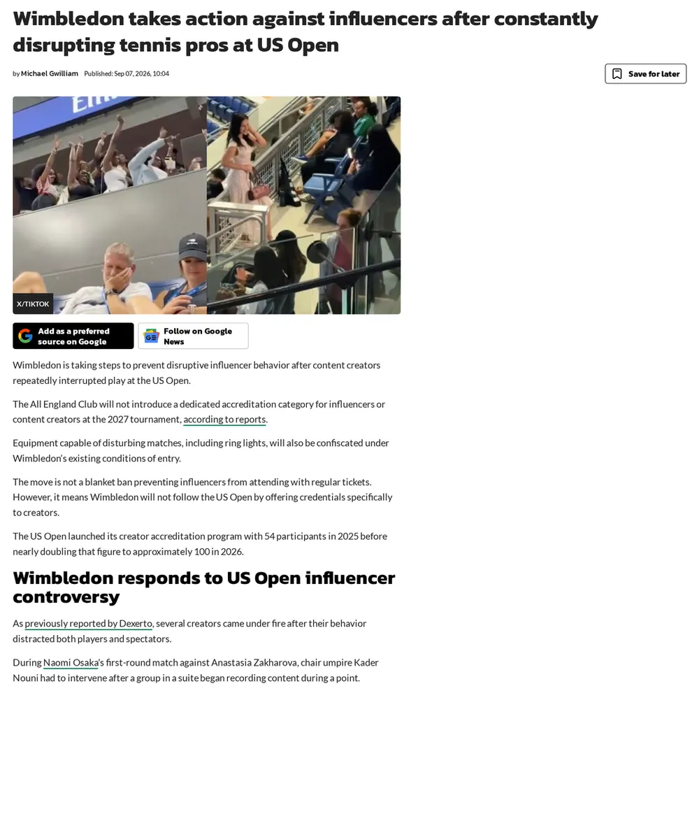 Screenshot of dexerto.com: US Open Incidents Spark Broad Criticism