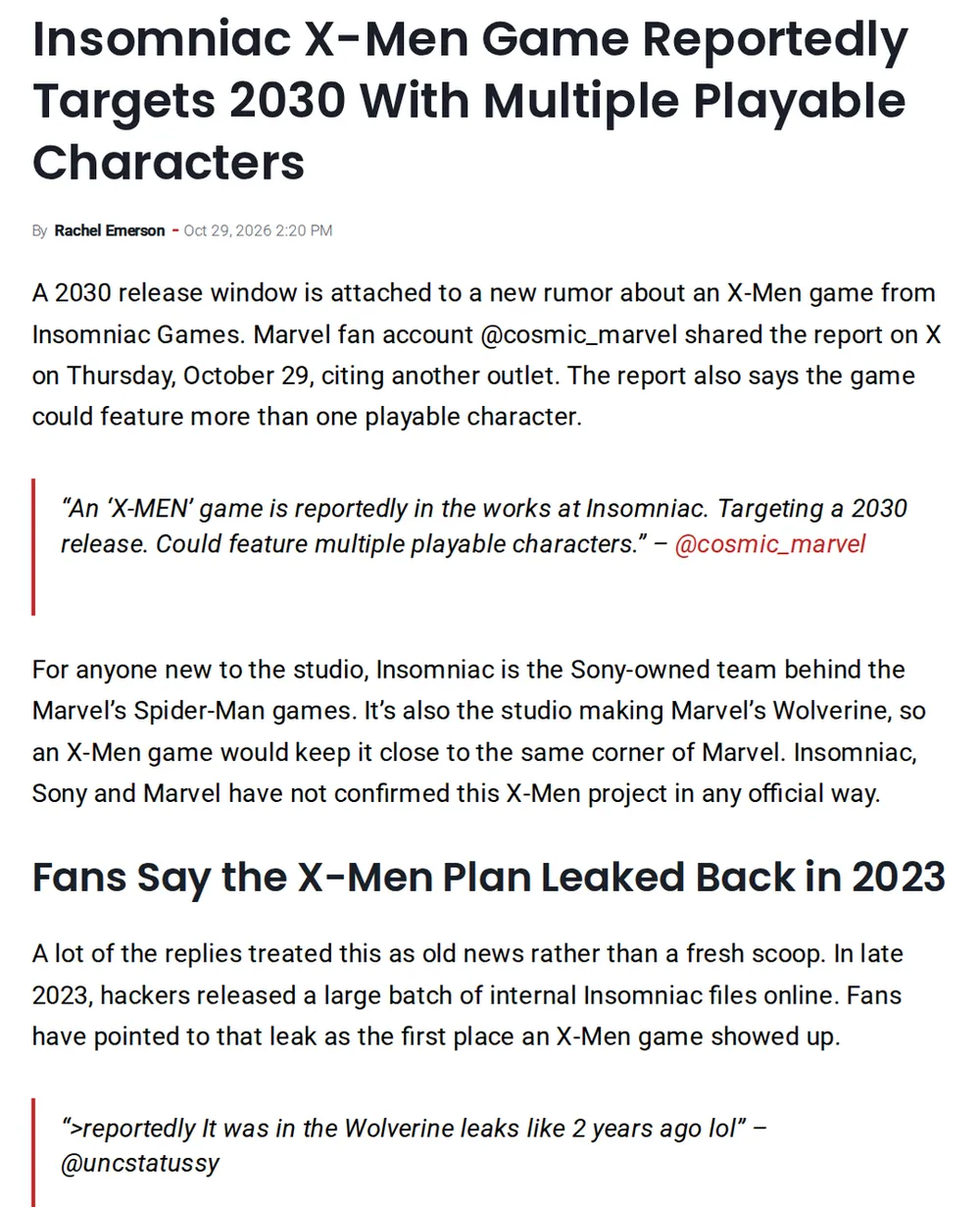 Screenshot of happygamer.com: Rumor of Insomniac X‑Men game targeting 2030 release with multiple playable heroes