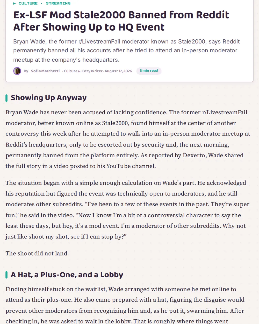 Screenshot of gaminggirlfriends.com: Bryan Wade published video account of the incident