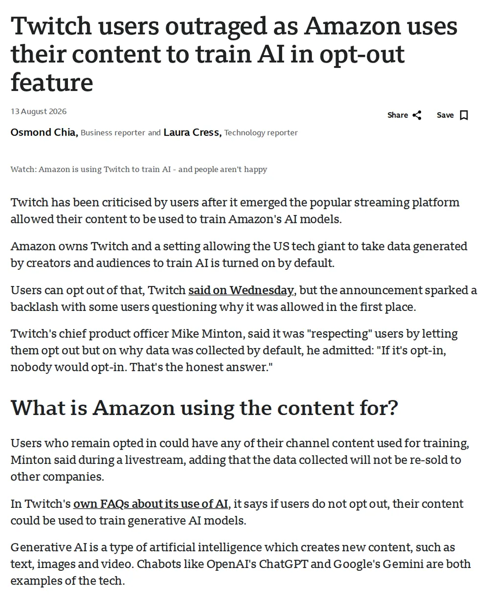 Screenshot of bbc.com: Twitch Users Outraged Over AI Training Opt-Out Feature