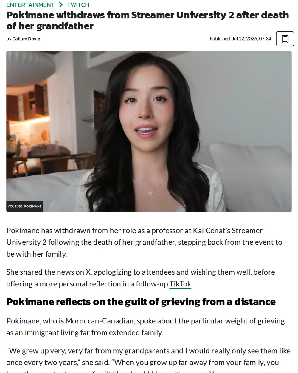 Screenshot of dexerto.com: TikTok reflection on grief