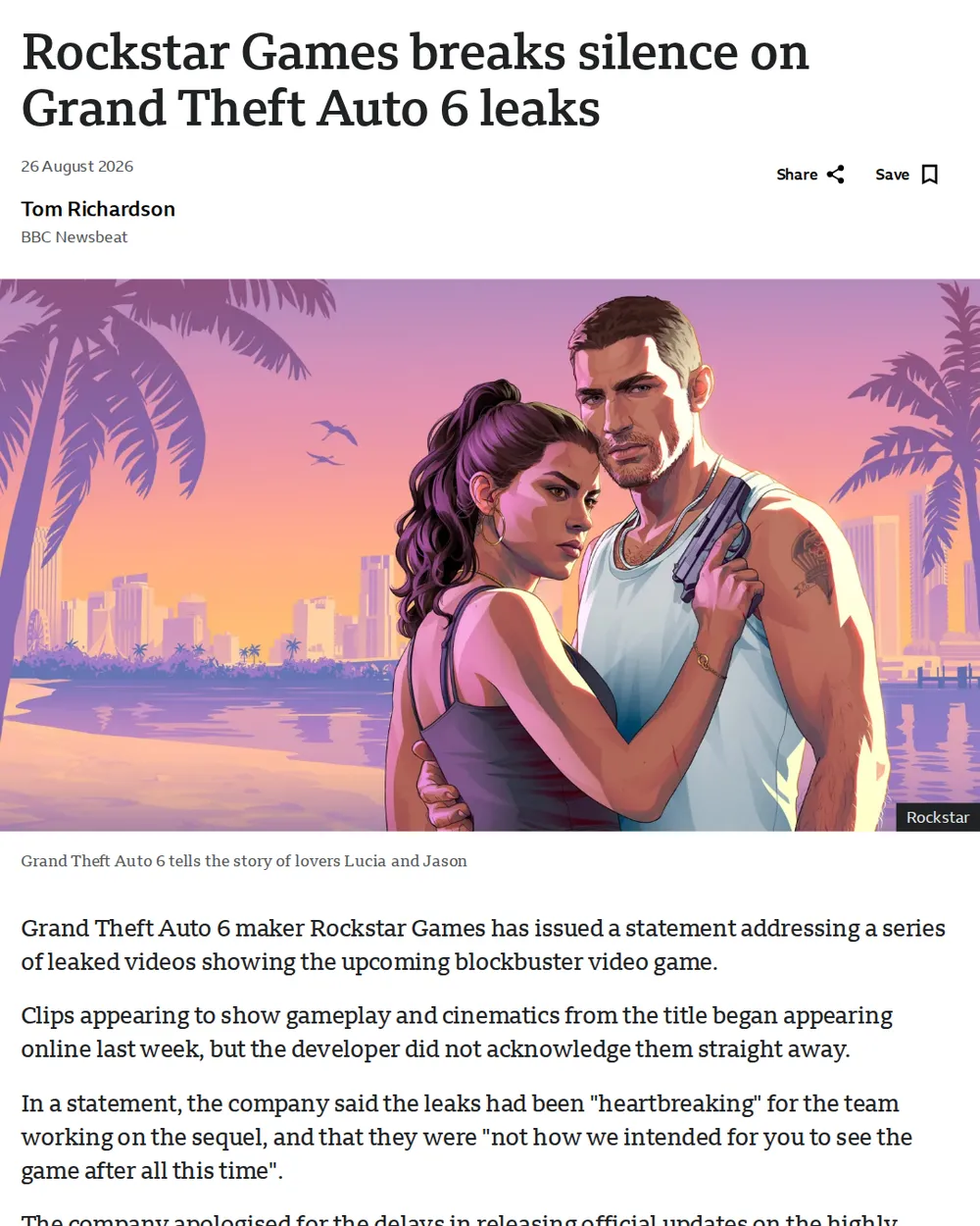 Screenshot of bbc.com: Take-Two launches legal proceedings in New York court